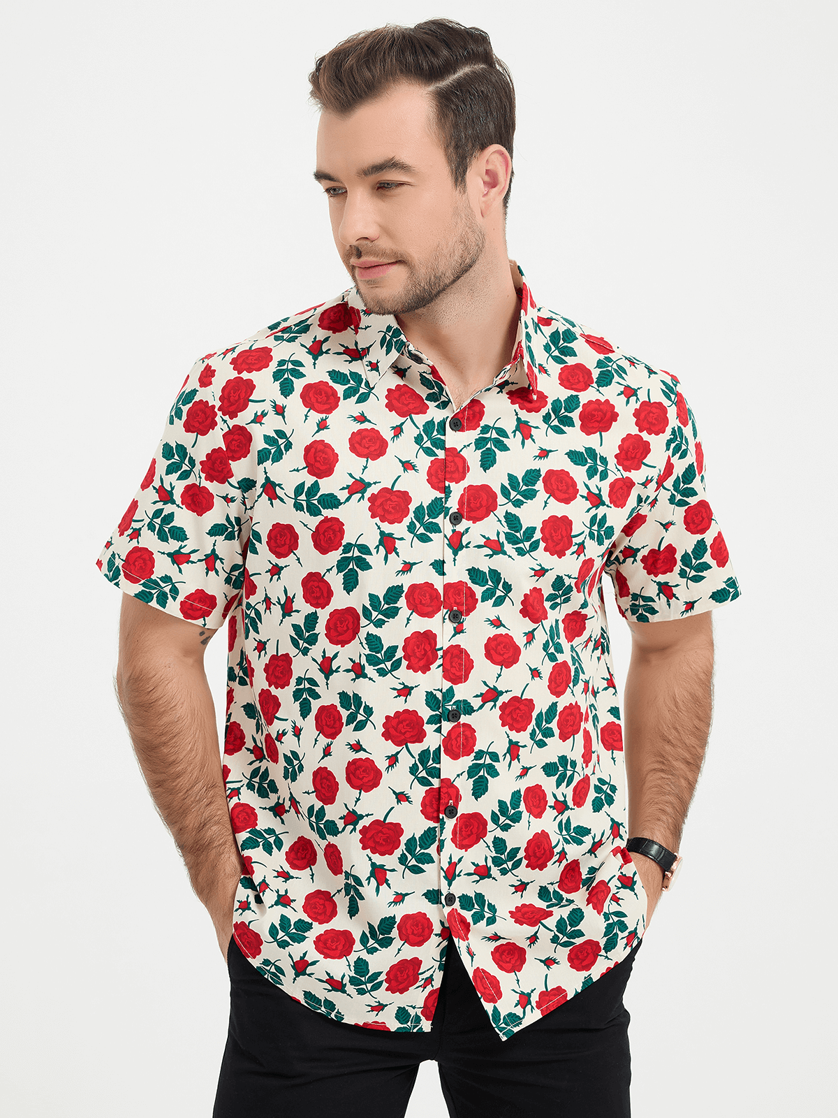 Men's Breathable Cotton Printed Pink Short-Sleeve Summer Shirt