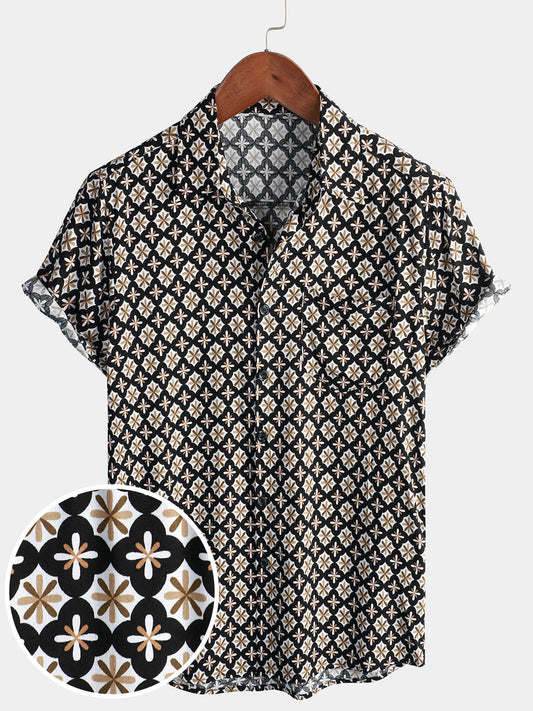 Black Short Sleeve Summer Shirt for Men, Vintage Geometric Floral Pattern