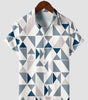 Men's Short Sleeve Button-Up Summer Beach Shirt with Blue and White Geometric Triangle Print