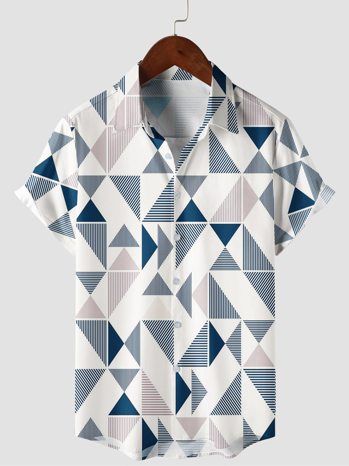 Men's Short Sleeve Button-Up Summer Beach Shirt with Blue and White Geometric Triangle Print