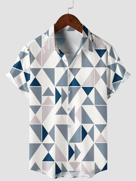 Men's Short Sleeve Button-Up Summer Beach Shirt with Blue and White Geometric Triangle Print