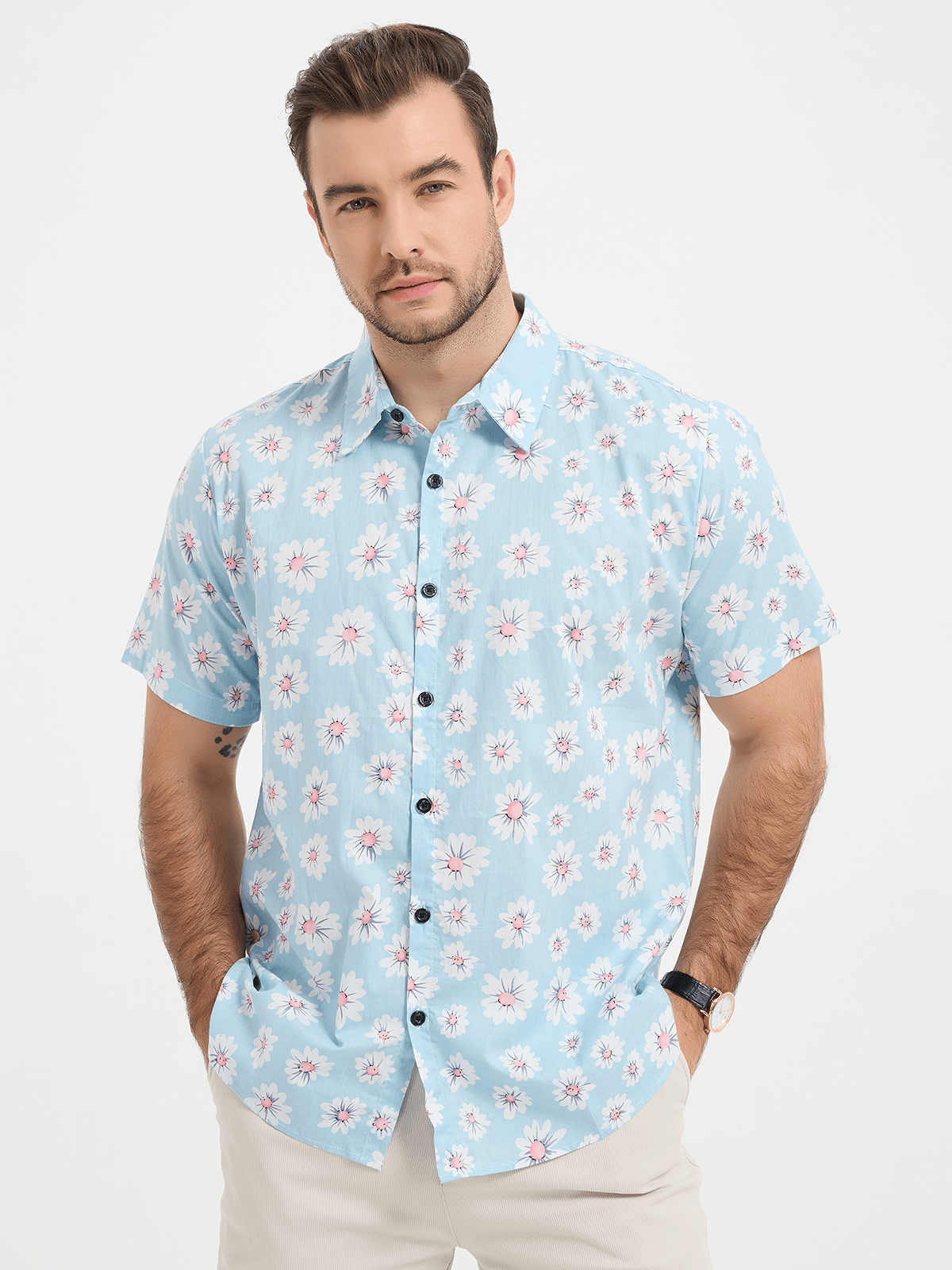 Hawaiian Floral Short-Sleeve Cotton Shirt with Daisy Print for Men