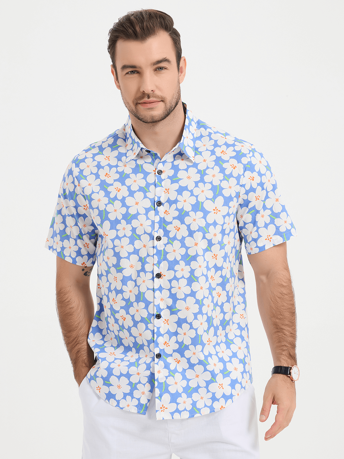 Light Blue Short-Sleeved Floral Print Shirt for Men
