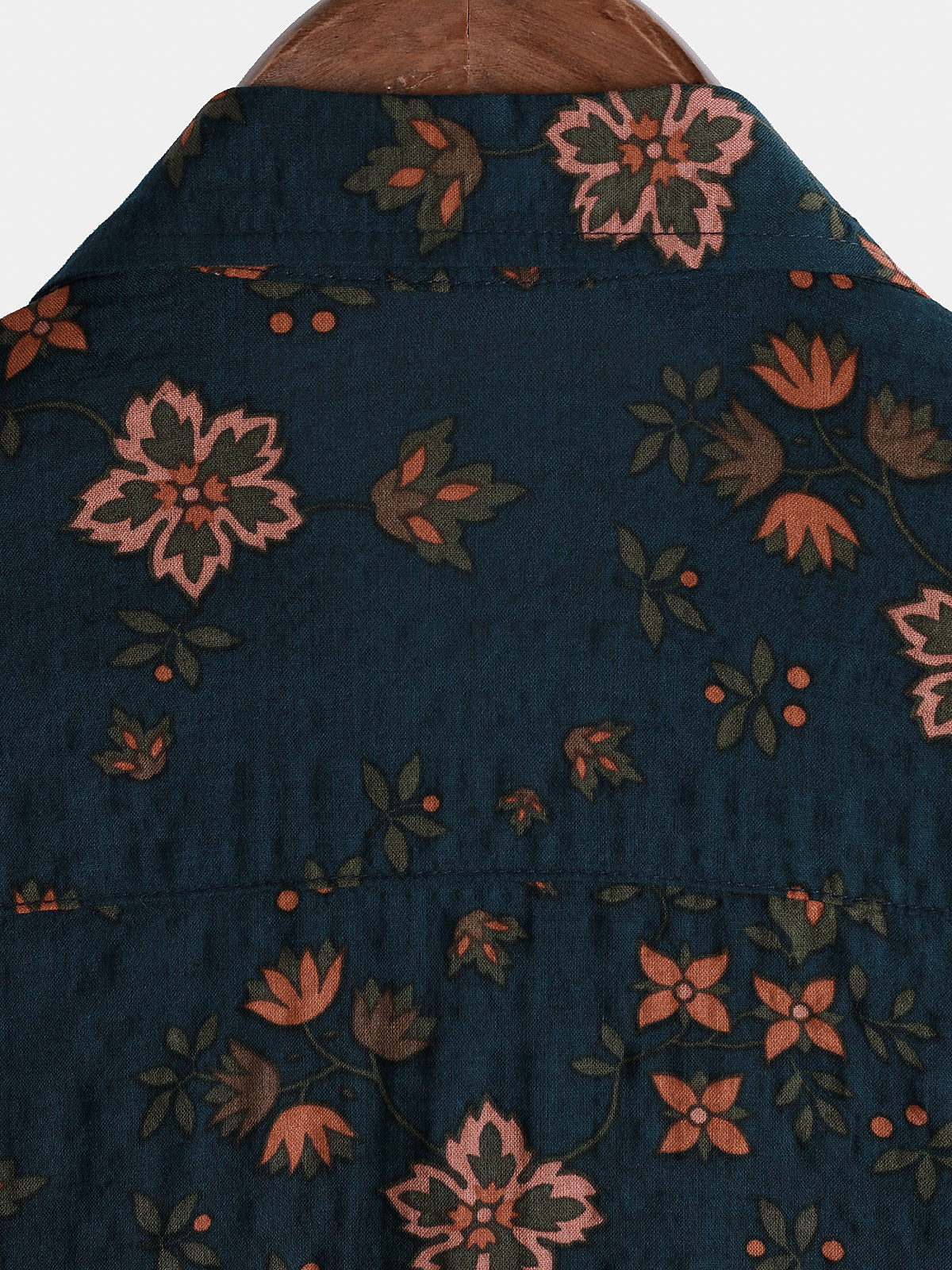Navy Blue Short-Sleeved Button-Up Cotton Shirt with Summer Flowers for Men