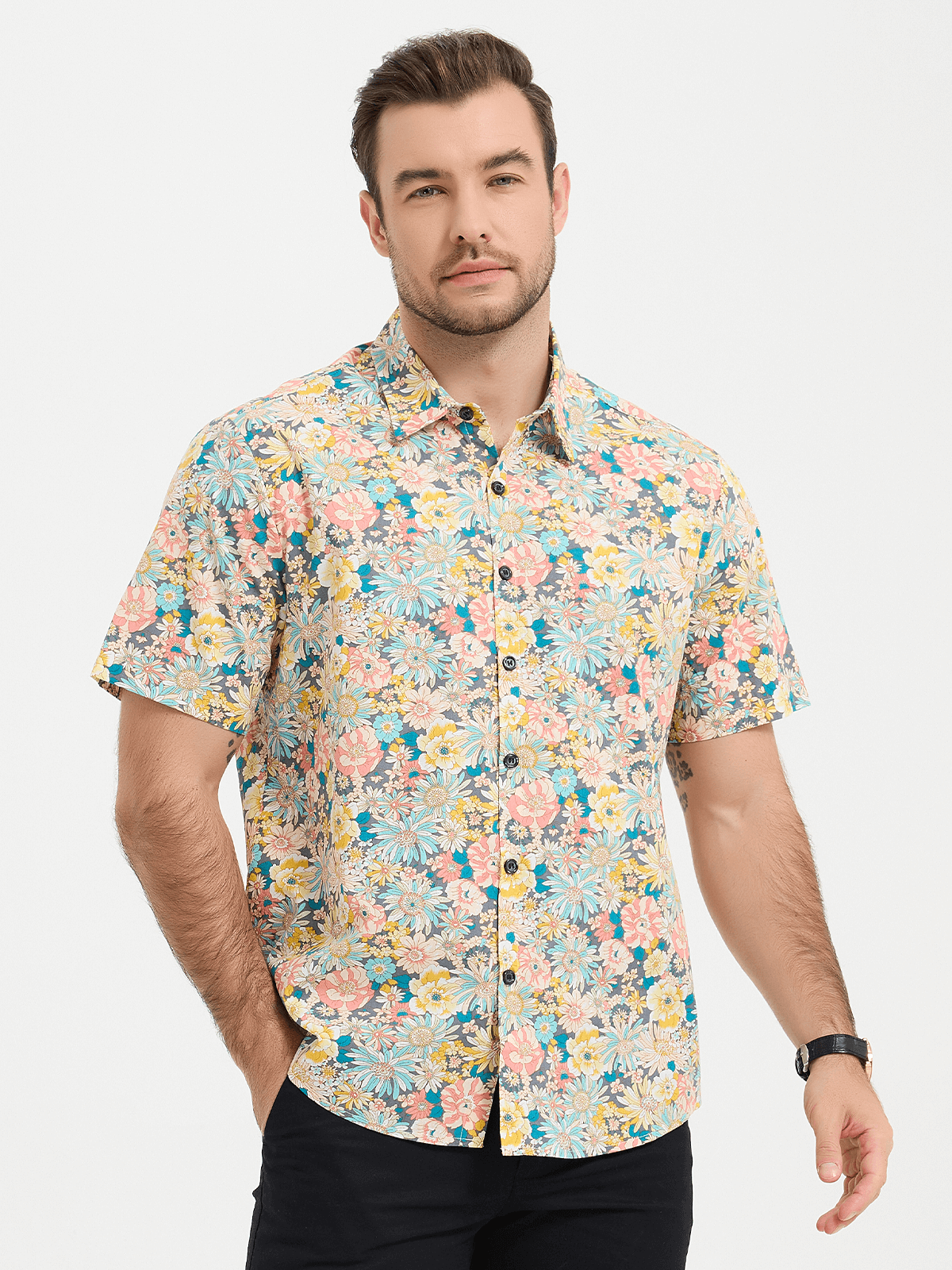 Men's Short-Sleeved Floral Cotton Shirt
