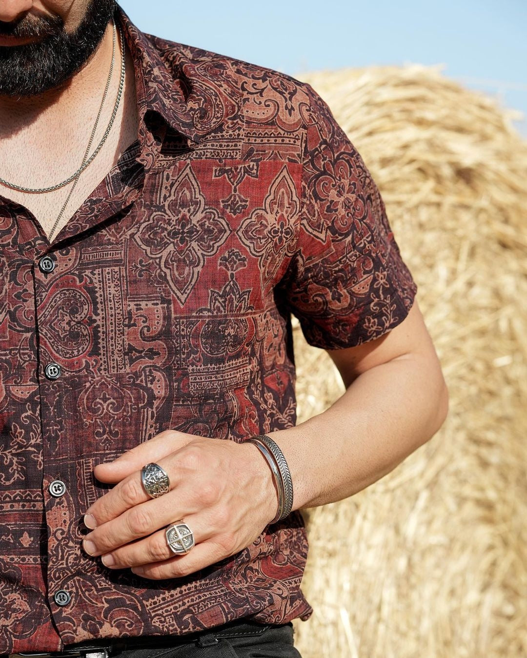 Short-Sleeved Cotton Retro Paisley Print Shirt for Men