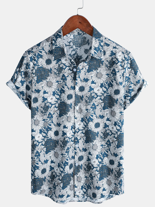 Men's Retro Short Sleeve Sunflower Print Shirt