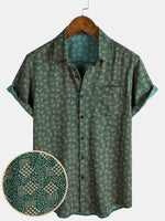 Short-sleeved shirt with green retro geometric print pocket for men