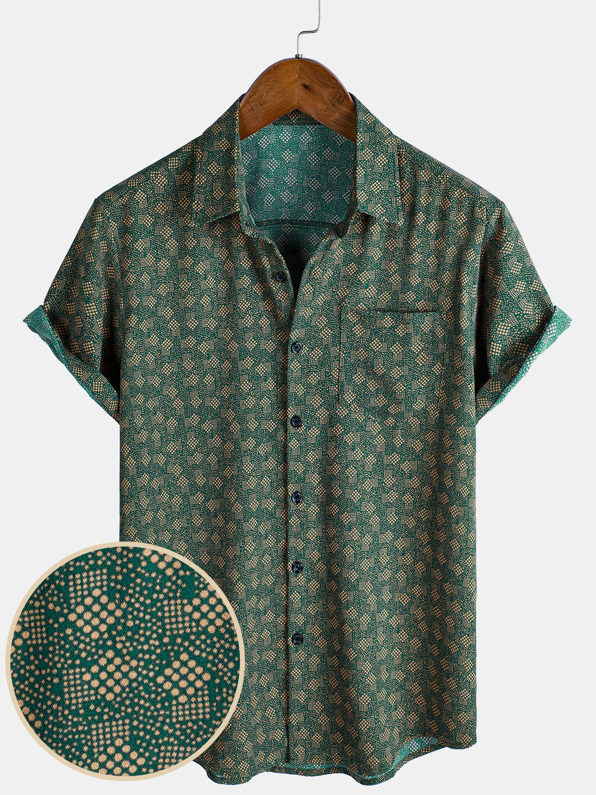 Short-sleeved shirt with green retro geometric print pocket for men