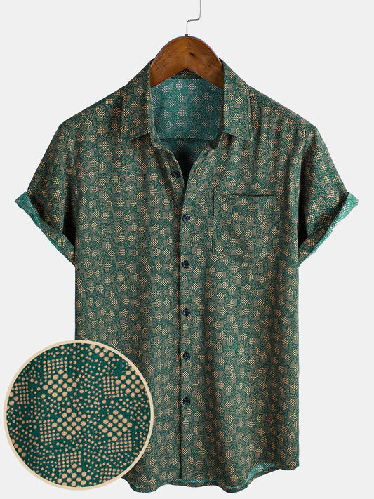 Short-sleeved shirt with green retro geometric print pocket for men