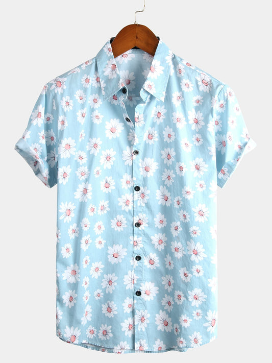 Hawaiian Floral Short-Sleeve Cotton Shirt with Daisy Print for Men
