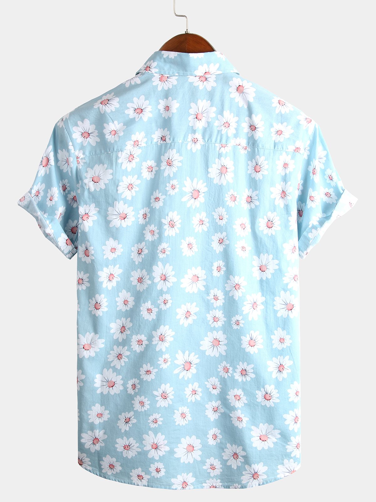 Hawaiian Floral Short-Sleeve Cotton Shirt with Daisy Print for Men