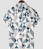 Men's Short Sleeve Button-Up Summer Beach Shirt with Blue and White Geometric Triangle Print