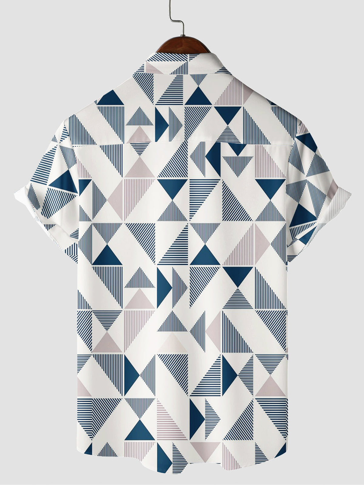 Men's Short Sleeve Button-Up Summer Beach Shirt with Blue and White Geometric Triangle Print