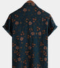 Navy Blue Short-Sleeved Button-Up Cotton Shirt with Summer Flowers for Men