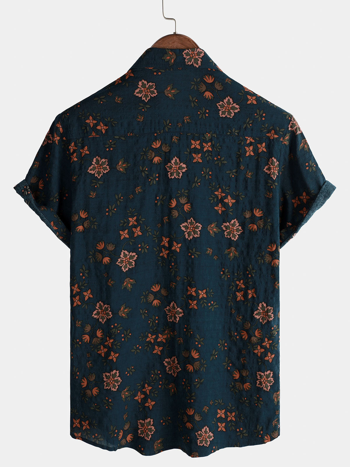 Navy Blue Short-Sleeved Button-Up Cotton Shirt with Summer Flowers for Men