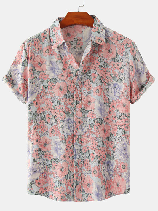 Casual Short-Sleeved Pink Vintage Floral Print Shirt for Men