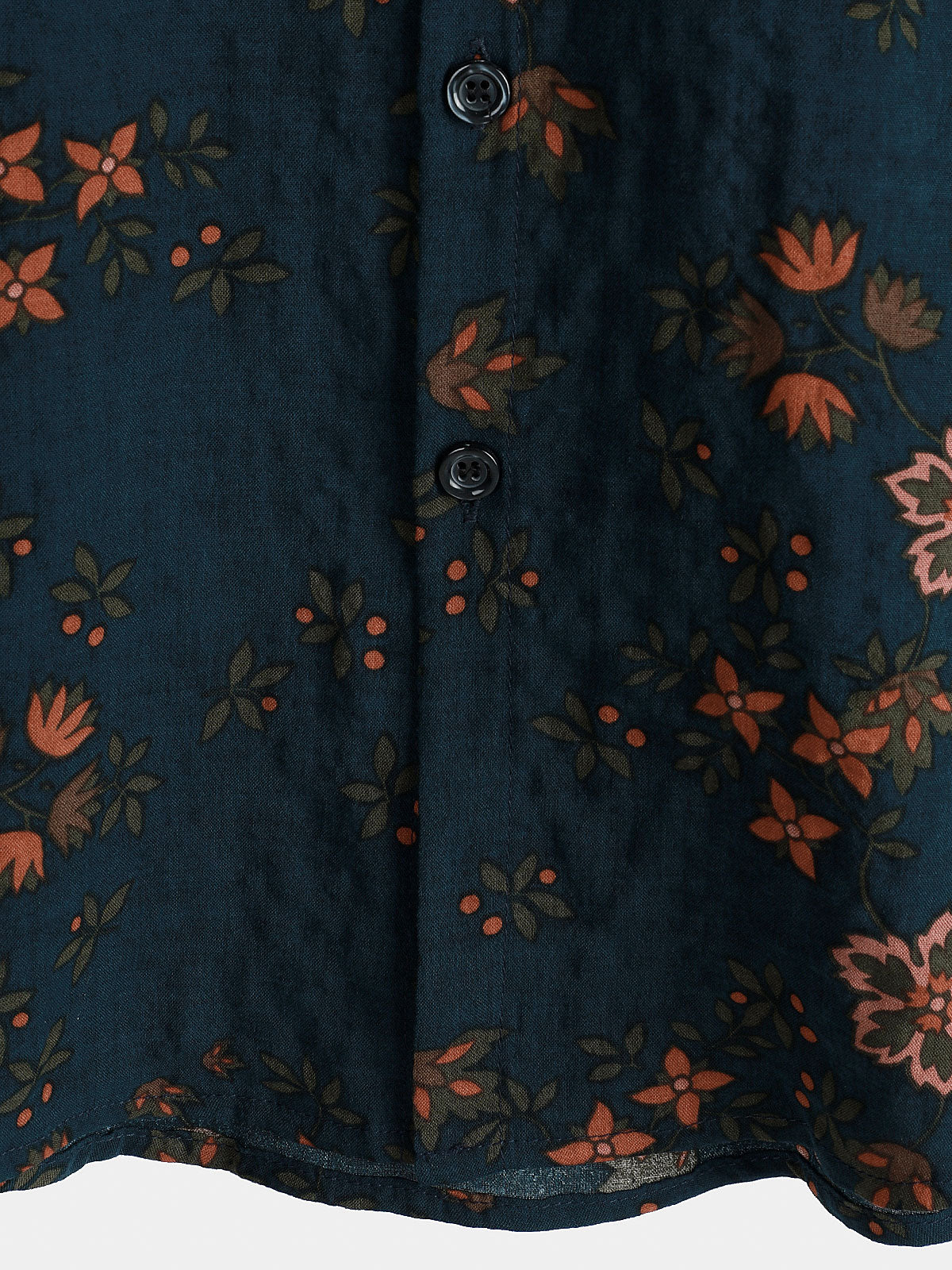 Navy Blue Short-Sleeved Button-Up Cotton Shirt with Summer Flowers for Men