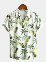 Men's Short Sleeve Hawaiian Print Cotton Shirt with Pineapple and Tropical Fruits