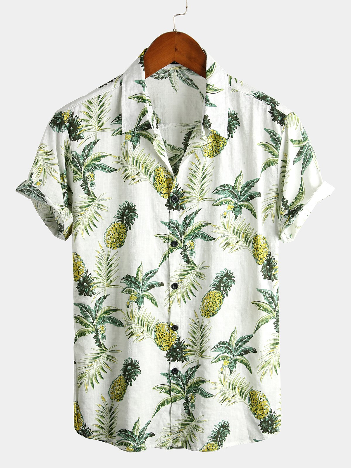Men's Short Sleeve Hawaiian Print Cotton Shirt with Pineapple and Tropical Fruits