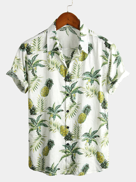 Men's Short Sleeve Hawaiian Print Cotton Shirt with Pineapple and Tropical Fruits