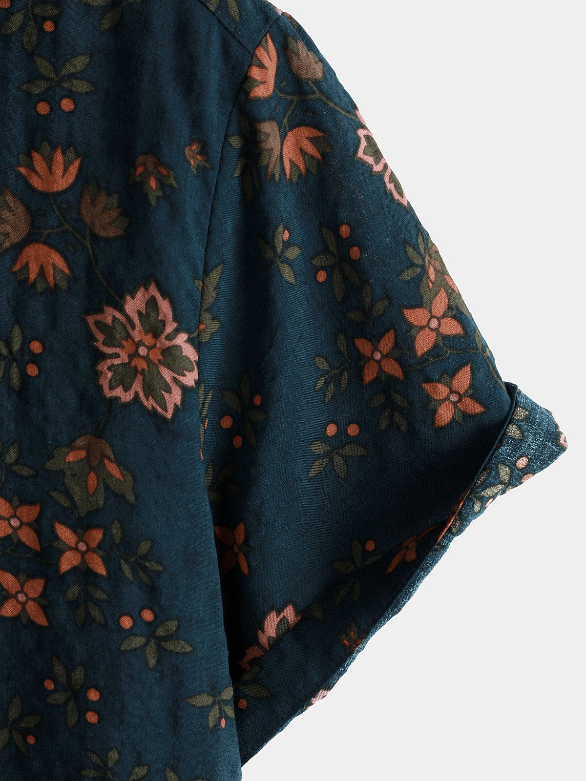 Navy Blue Short-Sleeved Button-Up Cotton Shirt with Summer Flowers for Men