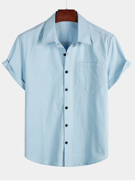 Short-Sleeved Cotton and Linen Solid Colour Shirt for Men