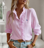 R. Lauren Blouse with Ruffles – Soft Structure & Classic Button Placket