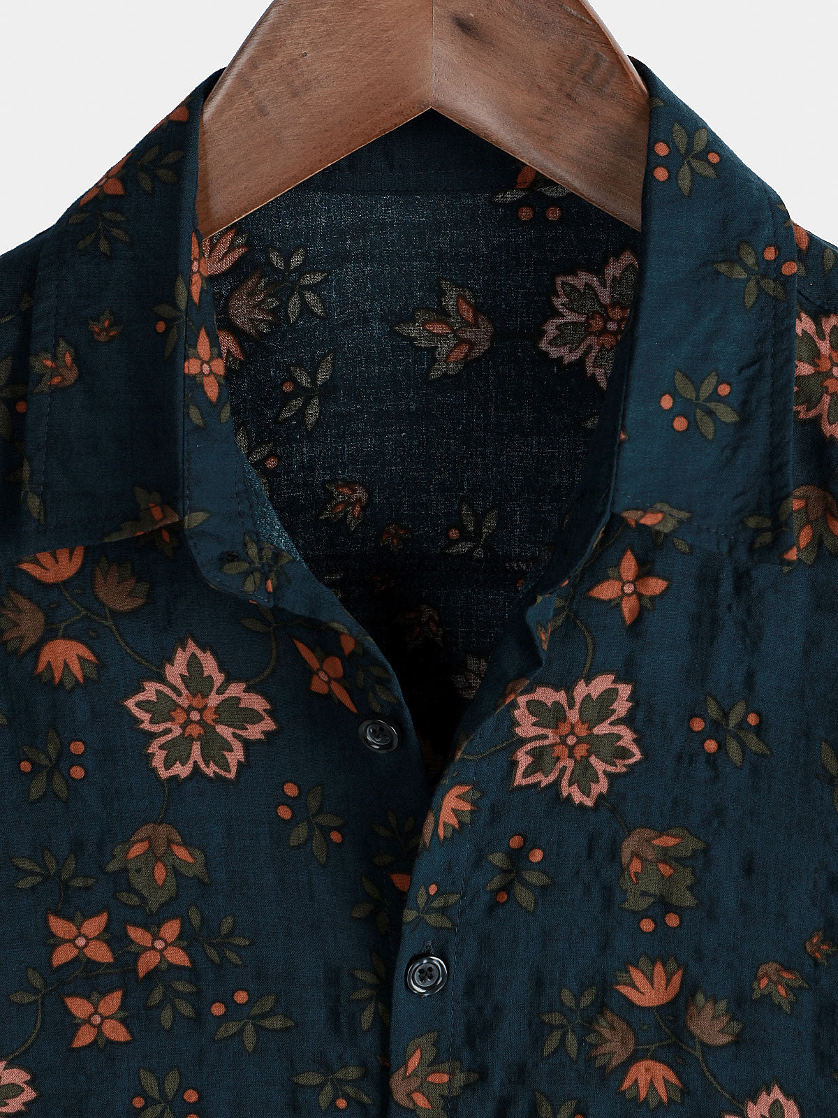 Navy Blue Short-Sleeved Button-Up Cotton Shirt with Summer Flowers for Men