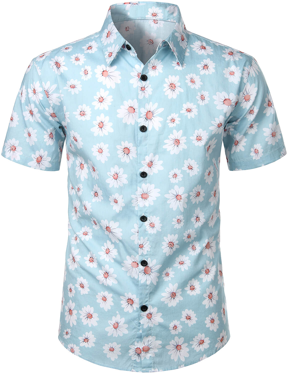 Hawaiian Floral Short-Sleeve Cotton Shirt with Daisy Print for Men