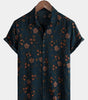 Navy Blue Short-Sleeved Button-Up Cotton Shirt with Summer Flowers for Men