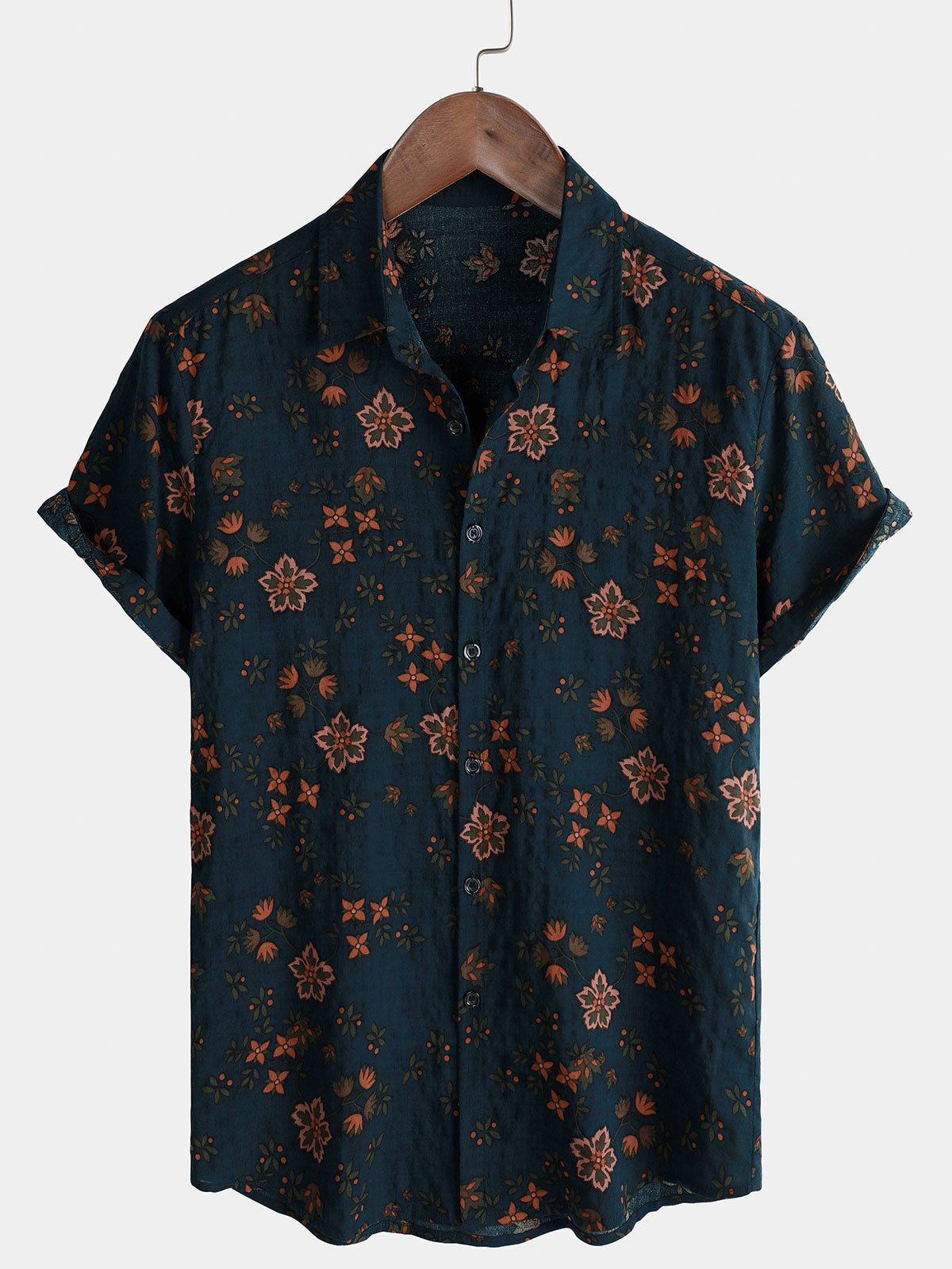 Navy Blue Short-Sleeved Button-Up Cotton Shirt with Summer Flowers for Men