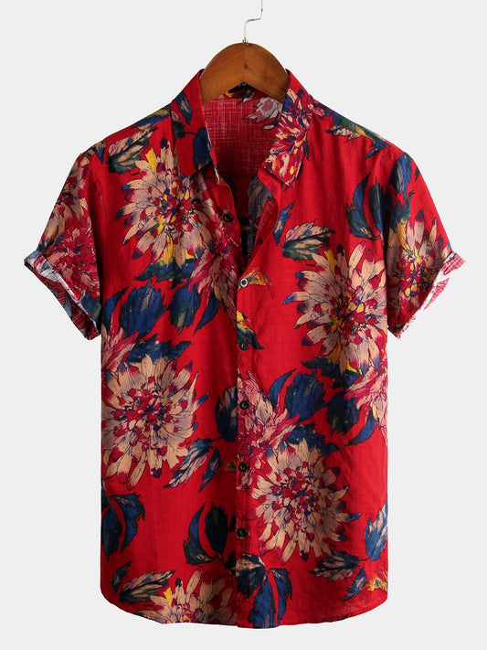 Men's Pure Cotton Hawaiian Style Holiday Print Shirt
