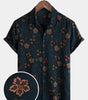 Navy Blue Short-Sleeved Button-Up Cotton Shirt with Summer Flowers for Men
