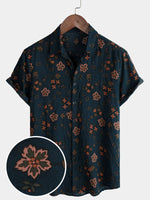 Navy Blue Short-Sleeved Button-Up Cotton Shirt with Summer Flowers for Men
