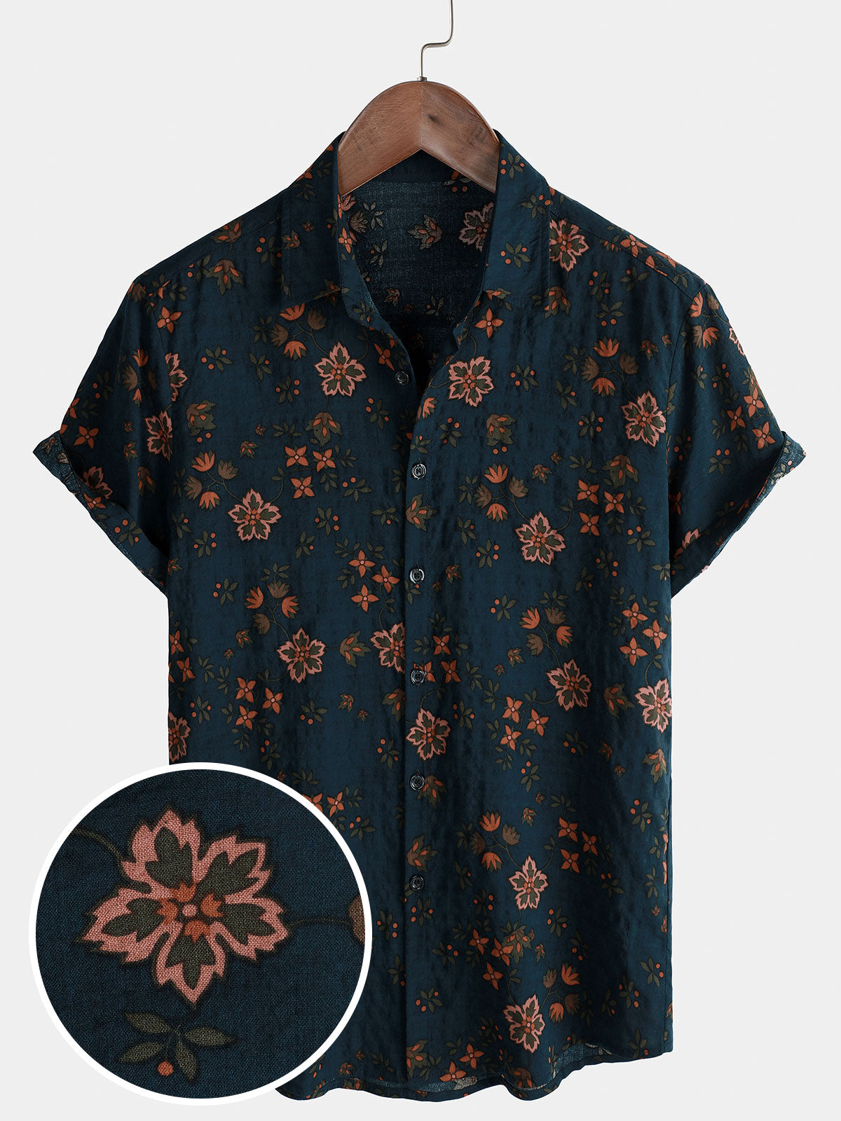 Navy Blue Short-Sleeved Button-Up Cotton Shirt with Summer Flowers for Men