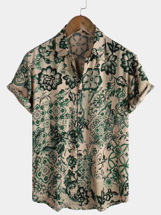 Men's Short Sleeve Hawaiian Shirt with Floral Print, Vintage Style, Breathable Holiday Style
