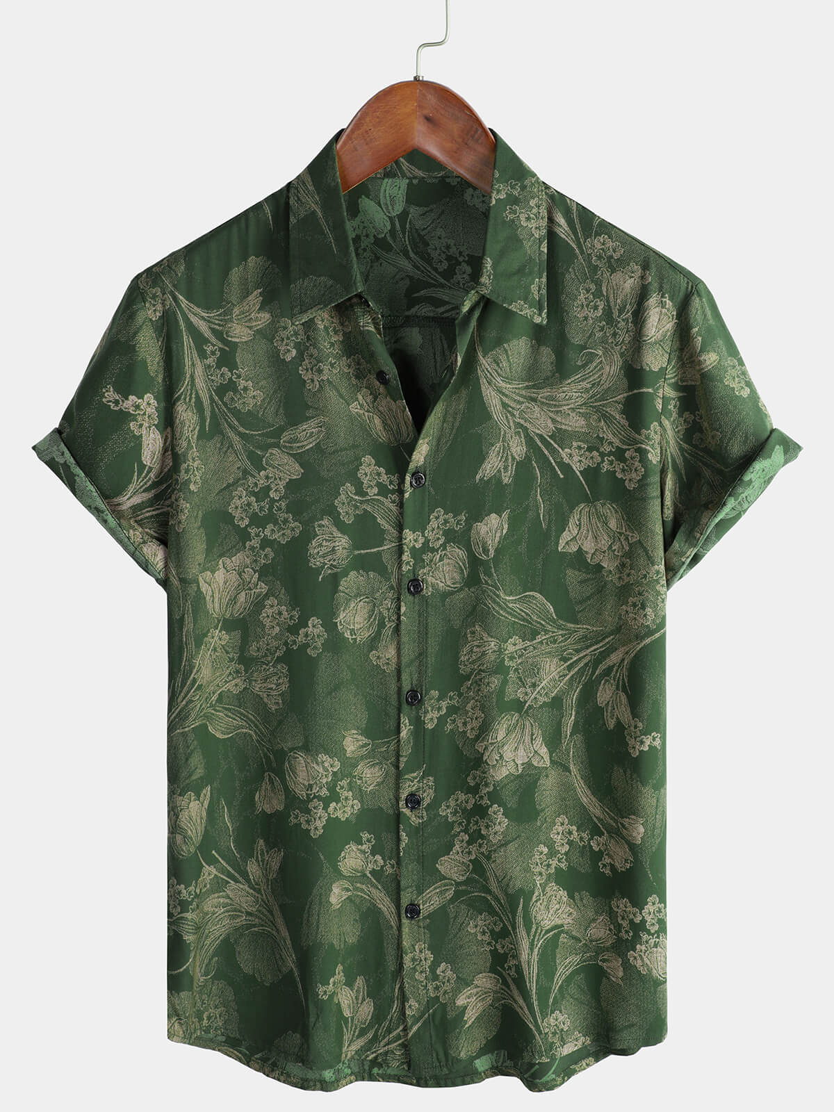 Short-sleeved Hawaiian shirt with breathable buttons for men in vintage green