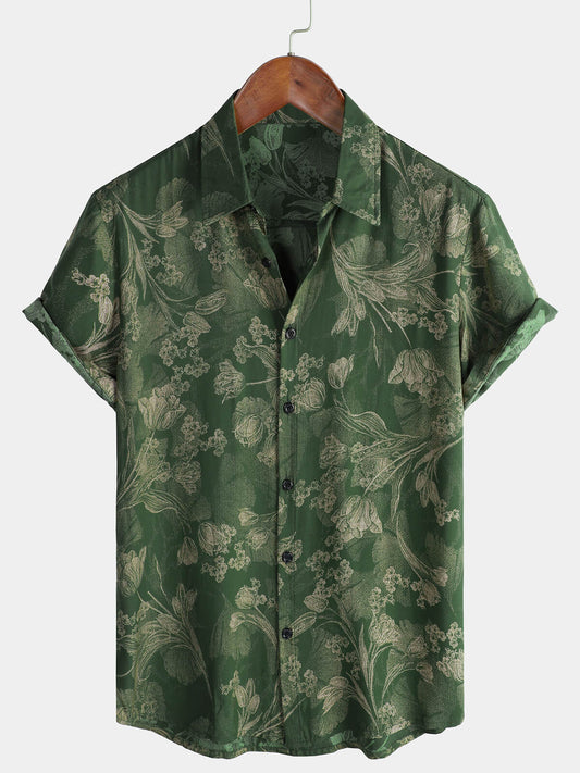 Short-sleeved Hawaiian shirt with breathable buttons for men in vintage green
