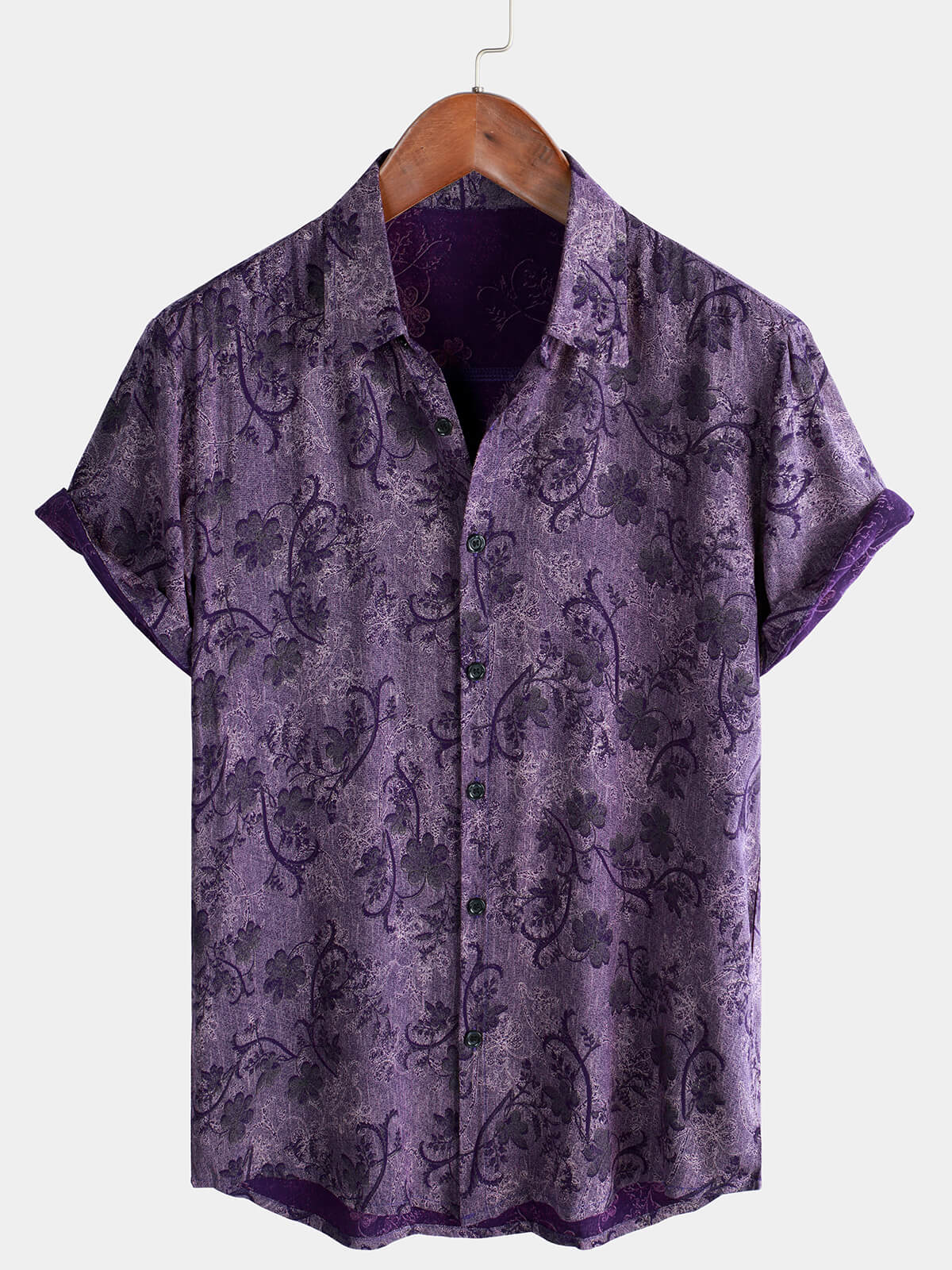 Men's Short Sleeve Hawaiian Shirt with Breathable Buttons in Vintage Purple