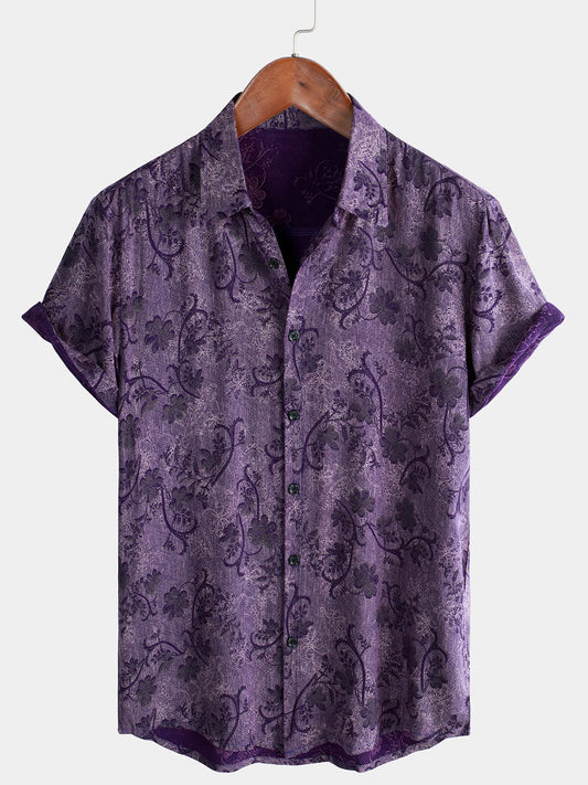 Men's Short Sleeve Hawaiian Shirt with Breathable Buttons in Vintage Purple