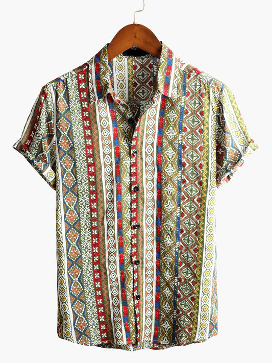 Men's Short Sleeve Cotton Patchwork Printed Shirt
