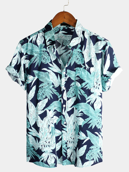 Men's Blue Tropical Leaf Print Short Sleeve Shirt