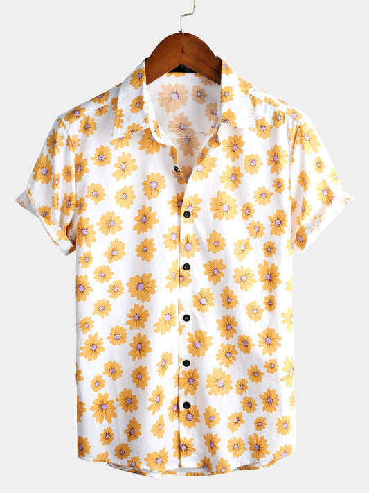 Tropical Hawaiian Flower Print Cotton Shirt for Men
