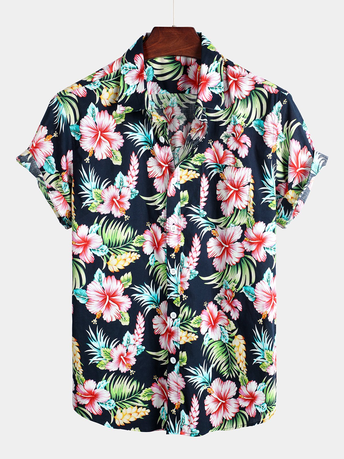 Men's Dark Blue Floral Holiday Cotton Short Sleeve Shirt