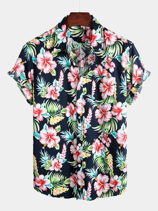 Men's Dark Blue Floral Holiday Cotton Short Sleeve Shirt