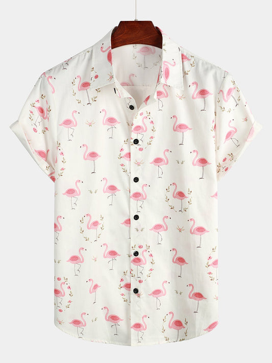 Casual Short Sleeve Cotton Flamingo Print Shirt for Men