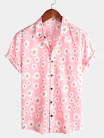 Hawaiian Floral Short-Sleeve Cotton Shirt with Daisy Print for Men