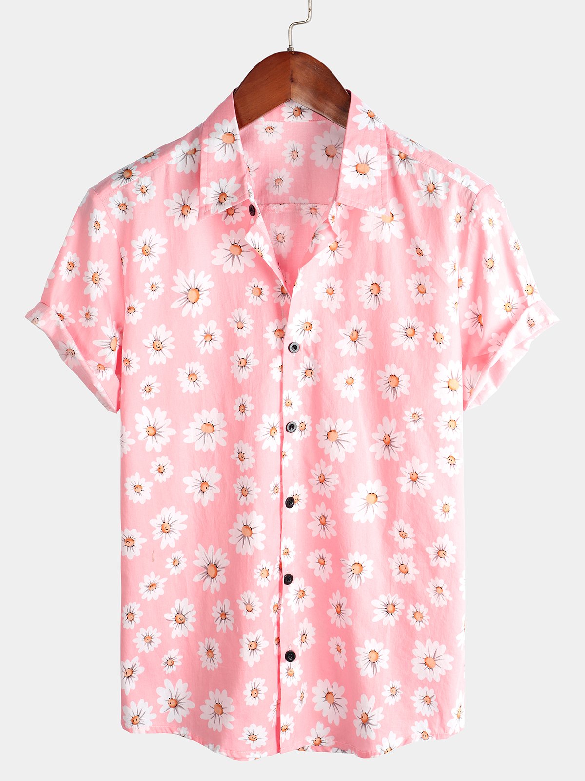 Hawaiian Floral Short-Sleeve Cotton Shirt with Daisy Print for Men