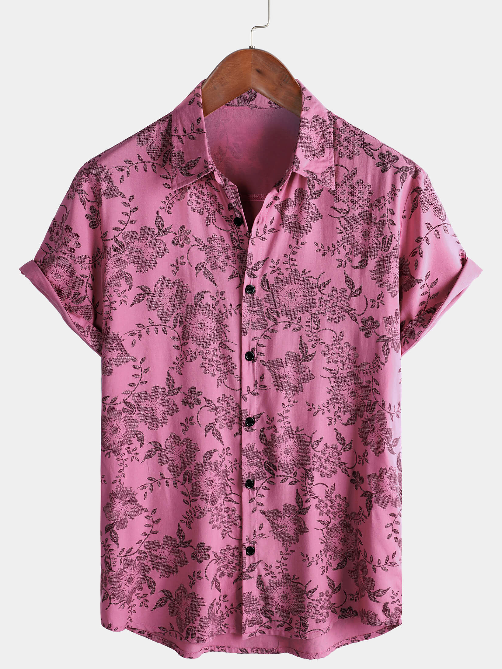 Men's Short Sleeve Hawaiian Shirt with Breathable Buttons in Pink Floral Print